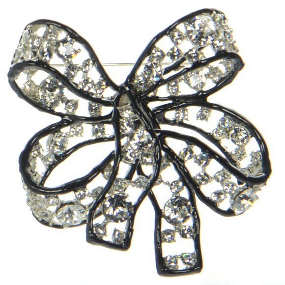 Kenneth Jay Lane KJL Black Enamel Crystal Bow Brooch - Picture 1 of 5